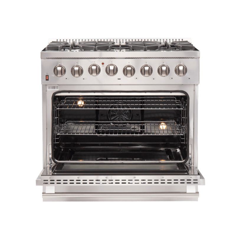 FORNO Galiano 36" Dual Fuel Range Stainless Steel, 6 Burners, 5.36 cu.ft. True Convection Oven