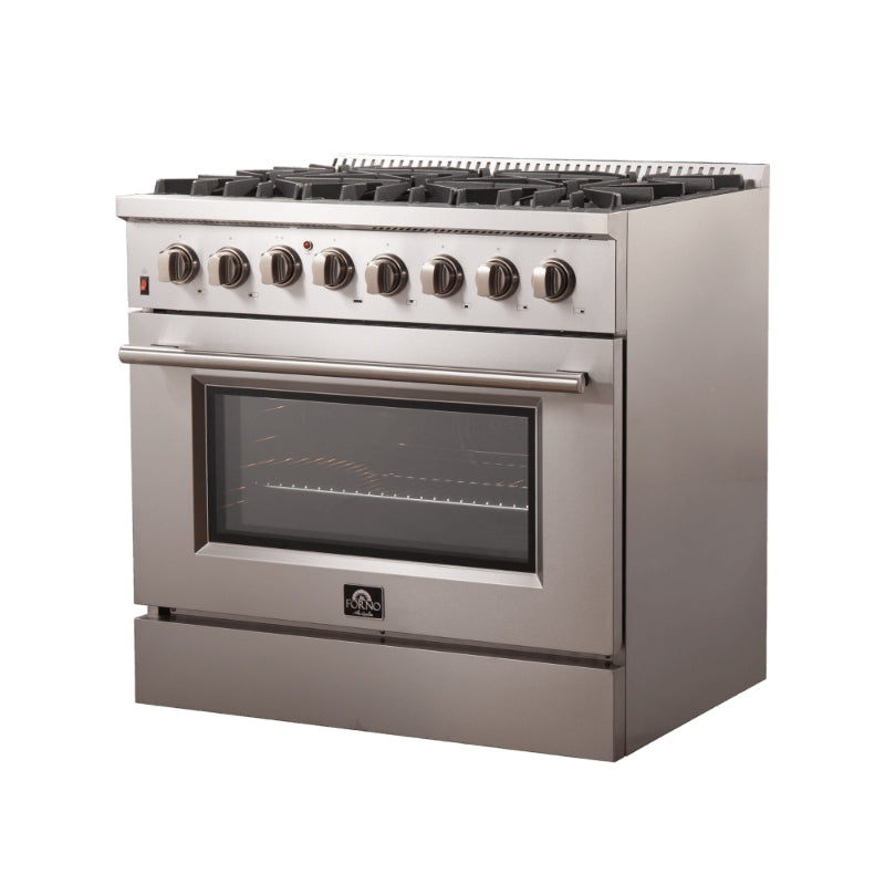 FORNO Galiano 36" Dual Fuel Range Stainless Steel, 6 Burners, 5.36 cu.ft. True Convection Oven