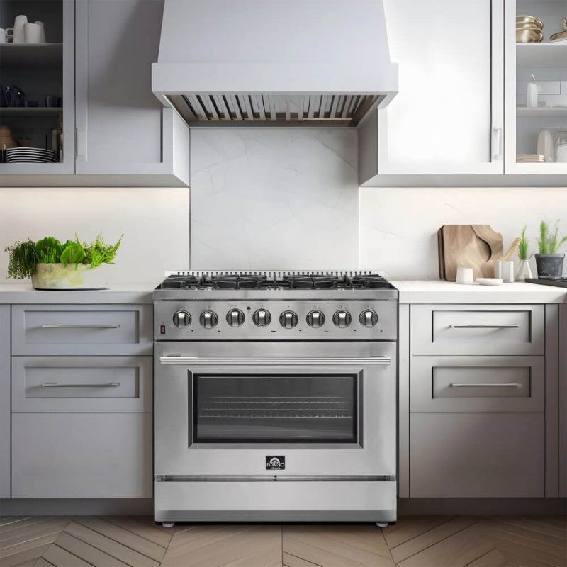 FORNO Galiano 36" Dual Fuel Range Stainless Steel, 6 Burners, 5.36 cu.ft. True Convection Oven