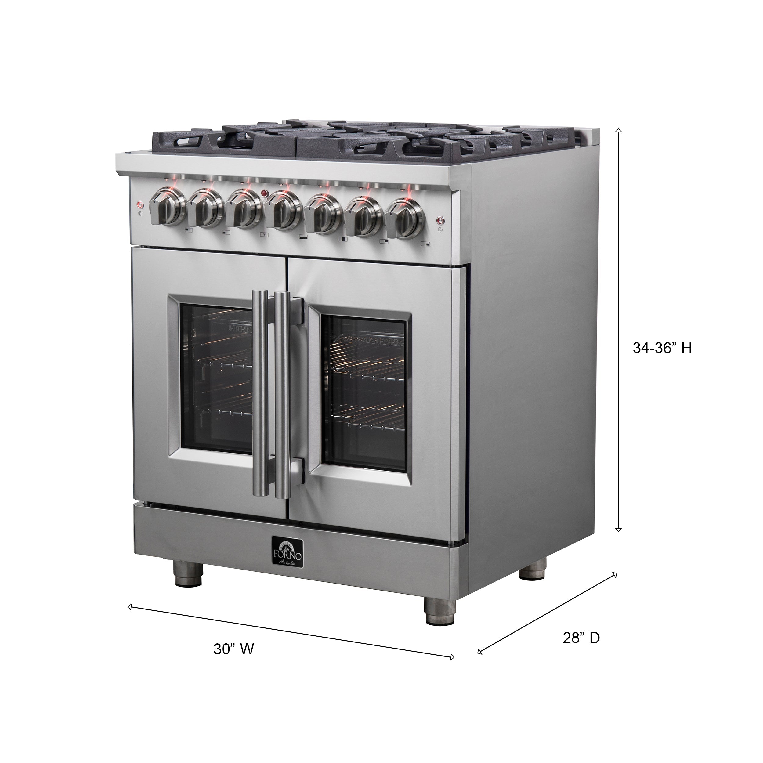 FORNO Massimo 30″ 4.32 cu. ft. Freestanding French Door Dual Fuel Range with 5 Burners