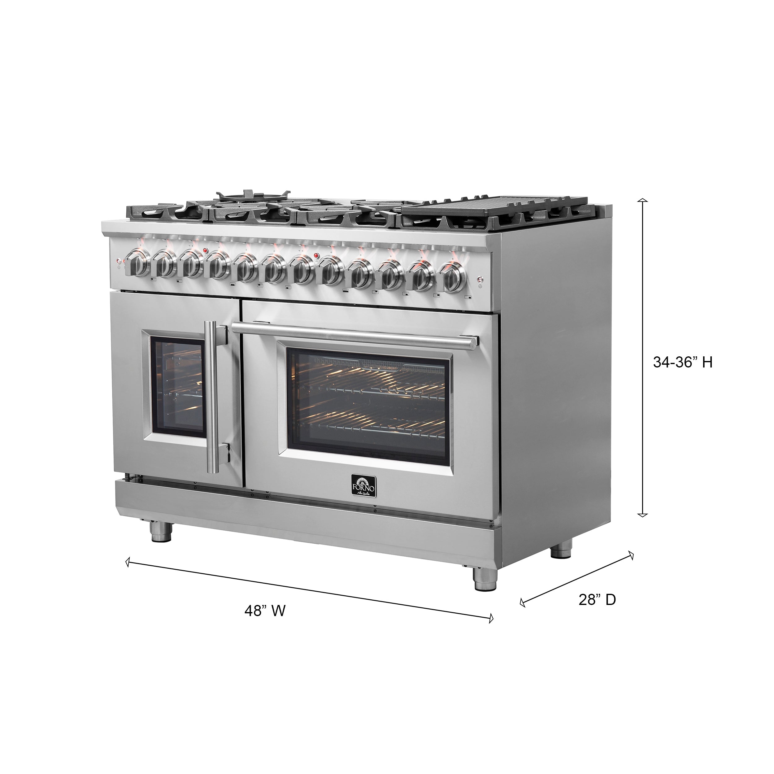 FORNO Massimo 48″ Freestanding French Door Dual Fuel Range with 8 Burners