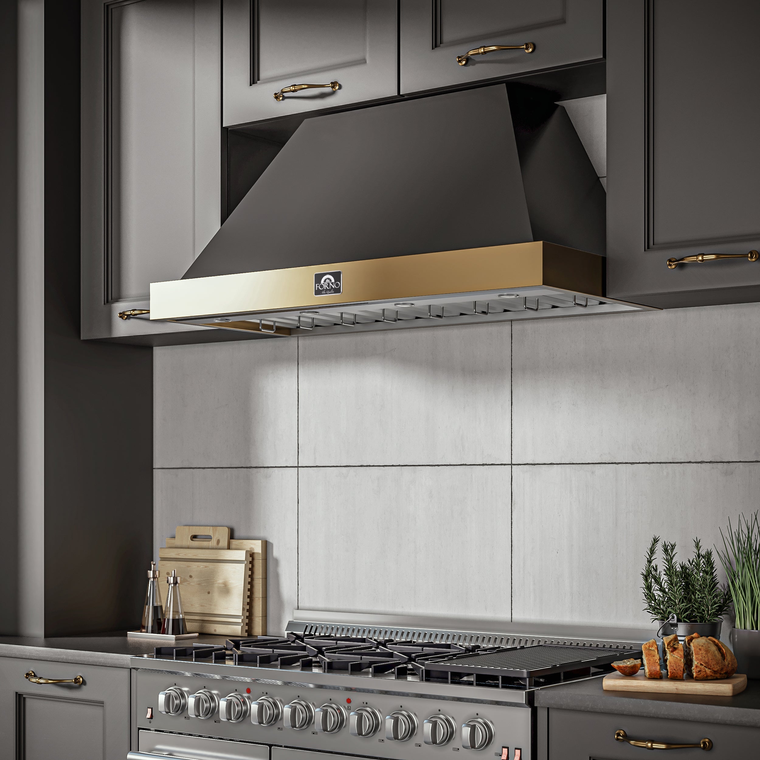 FORNO Espresso Vittorio 48" 600 CFM Wall Mount Range Hood in Antique Brass Trim with Remote Control