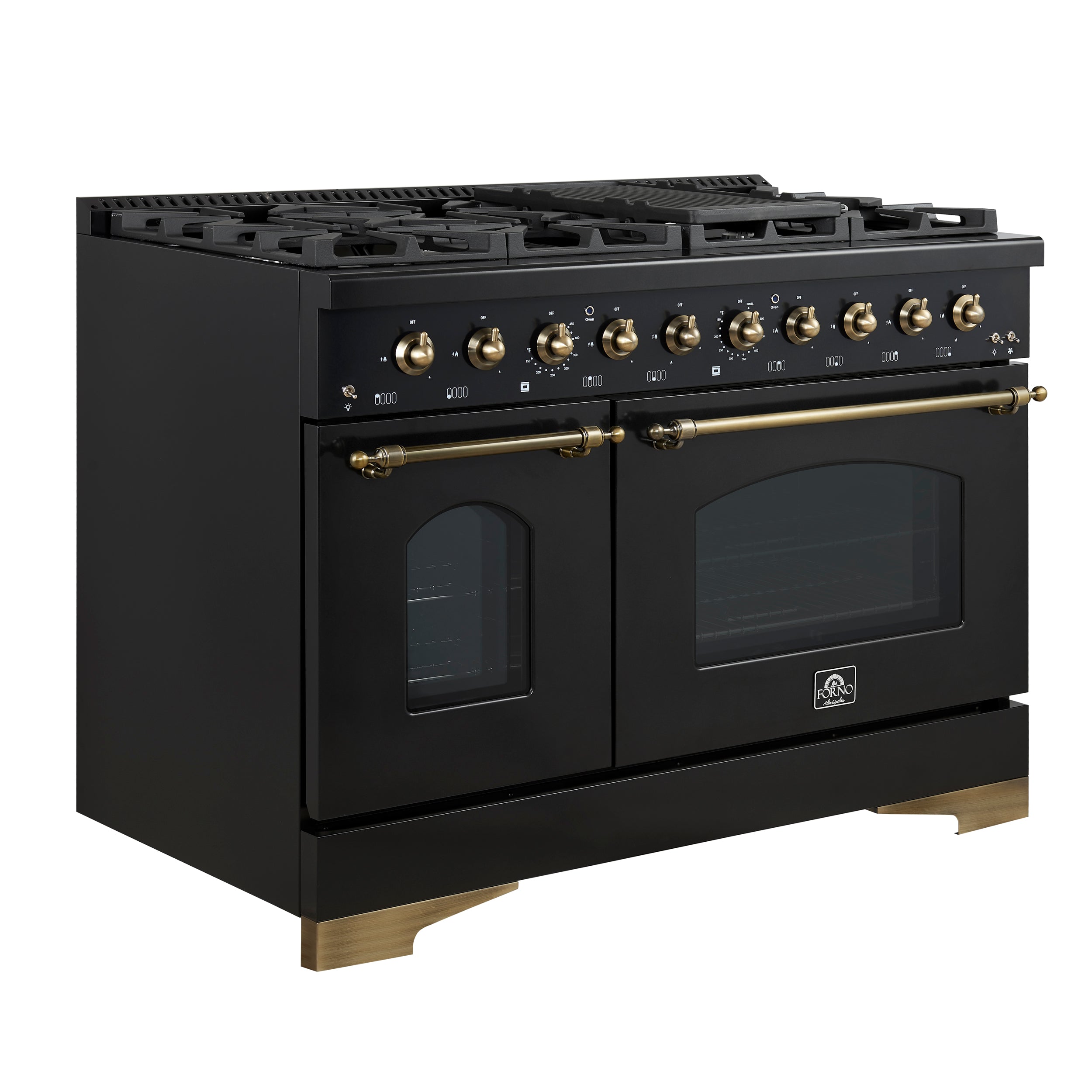 FORNO Espresso Antico 48" 5.5 cu. ft. Gas Range with 8 Sealed Burners and Griddle with Antique Brass Accents