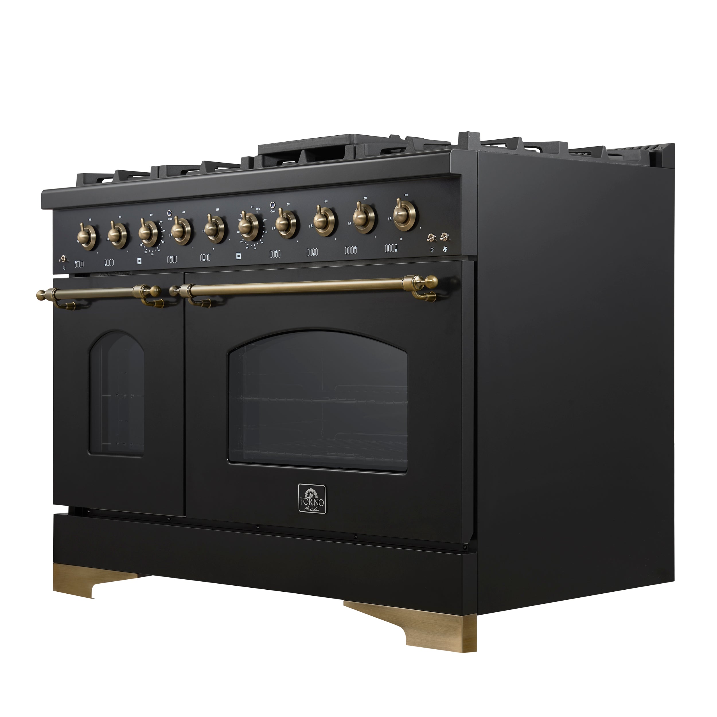 FORNO Espresso Antico 48" 5.5 cu. ft. Gas Range with 8 Sealed Burners and Griddle with Antique Brass Accents