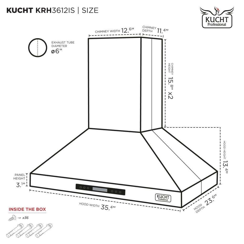 Kucht 36 Inch Stainless Steel Island Range Hood