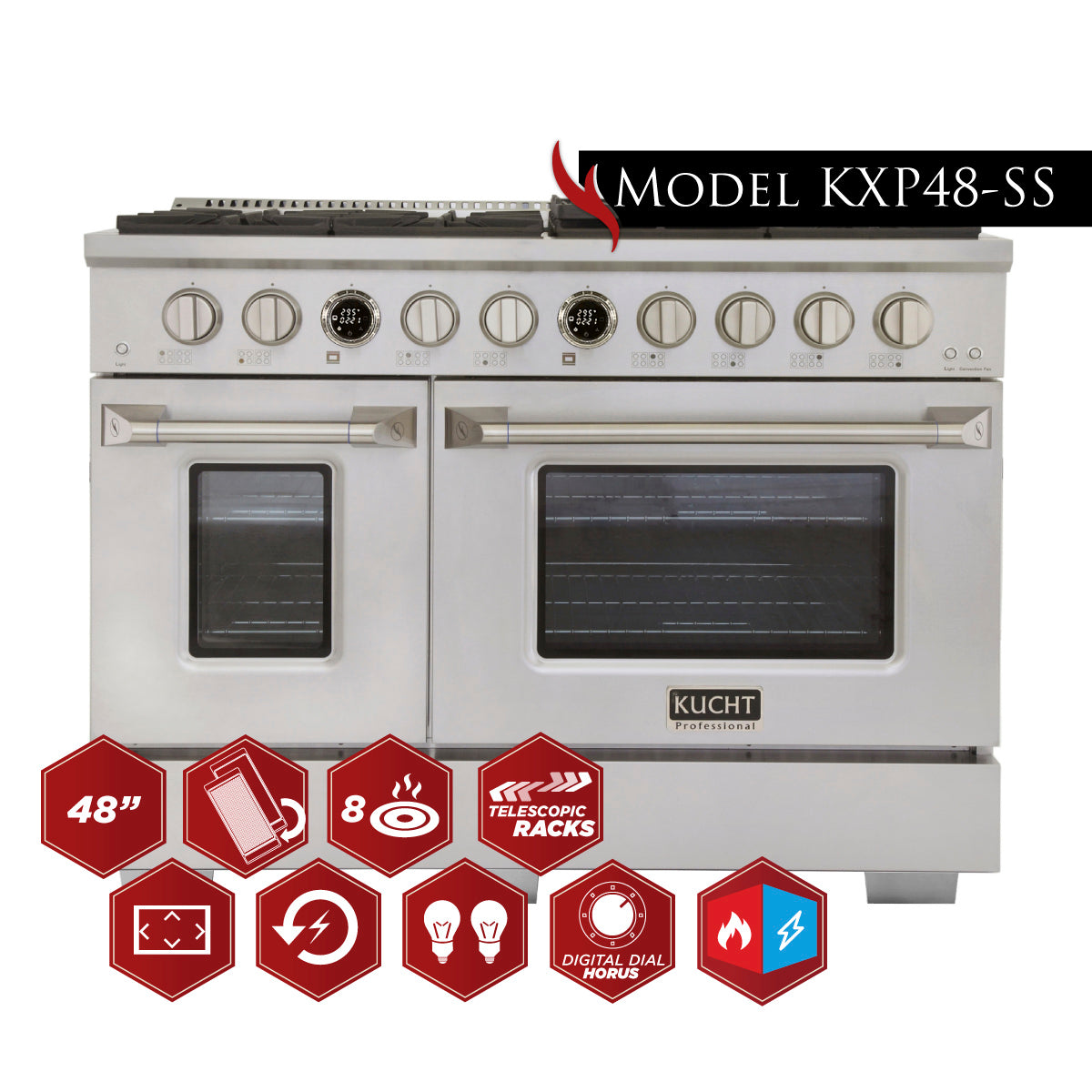 Kucht 48" 6.7 cu. ft. 8 Burner Dual Fuel Range with Digital Thermostat